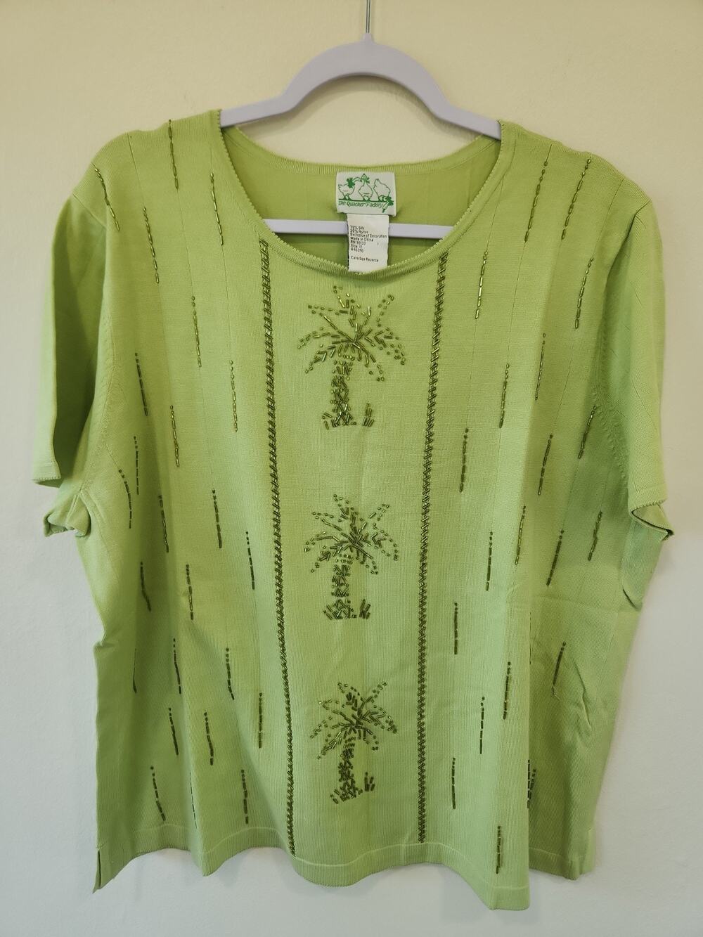 Vtg Quacker Factory Beaded Womens 1X Green Sequin Beach Palm Tree Silk Blend